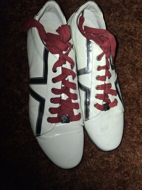Versace Collection White Sneakers with Burgundy Laces and Black Trim